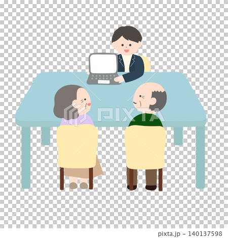 一對老年夫婦接受了關於退休的面對面諮詢。 一對老年夫婦接受了關於退休的面對面諮詢。 140137598