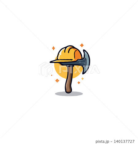 A simple yet evocative cartoon illustration portrays a construction helmet perched upon an axe, symbolizing labor safety and a proactive approach to manual work. Its clean lines and cheerful design 140137727