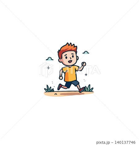 A delightful cartoon illustration captures a cheerful young boy in mid-run across a grassy field beneath a smattering of clouds. The image radiates a sense of youthful energy, freedom, and the pure A delightful cartoon illustration captures a cheerful young boy in mid-run across a grassy field beneath a smattering of clouds. The image radiates a sense of youthful energy, freedom, and the pure 140137746
