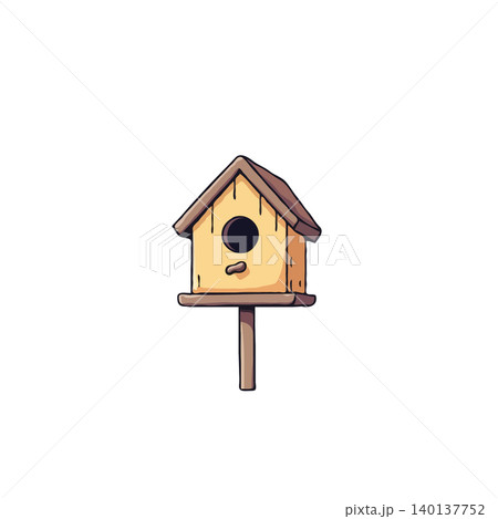 A delightful illustration showcases a simple, wooden birdhouse perched atop a sturdy post, creating an inviting haven for avian visitors. The cozy design brings charm to any garden, fostering nature A delightful illustration showcases a simple, wooden birdhouse perched atop a sturdy post, creating an inviting haven for avian visitors. The cozy design brings charm to any garden, fostering nature 140137752