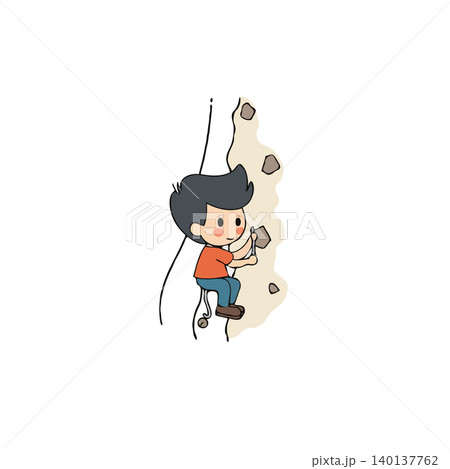 A cartoon depiction of a young boy purposefully scaling a rock wall. He uses his strength and coordination to navigate the challenging climb, illustrating determination and the spirit of adventure 140137762
