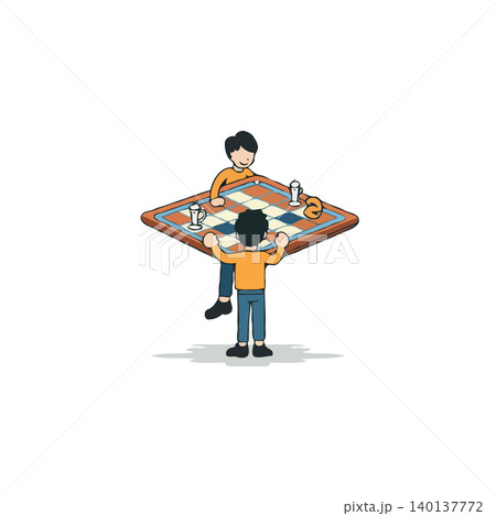 A stylized illustration features two individuals seemingly collaborating or competing in a game on an outsized checkered platform. This depicts elements of fun, interaction, and youthful hobbies, 140137772