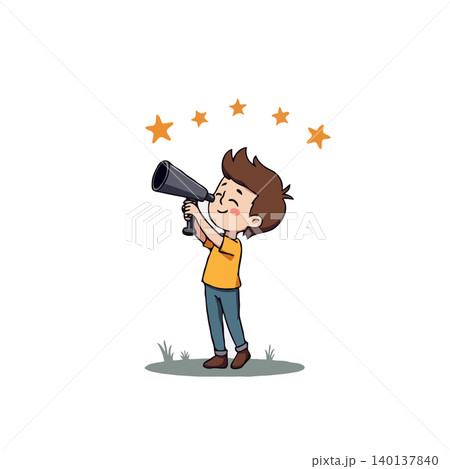A young boy enthusiastically gazes through a telescope, embarking on a cosmic adventure to discover celestial wonders amidst a backdrop of shimmering stars, captured in a playful cartoon A young boy enthusiastically gazes through a telescope, embarking on a cosmic adventure to discover celestial wonders amidst a backdrop of shimmering stars, captured in a playful cartoon 140137840