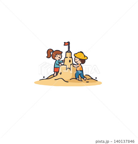 A charming illustration depicts two children joyfully constructing a sandcastle on a sunny beach. Their collaborative effort, radiating childhood innocence and seaside fun, evokes memories of summer 140137846