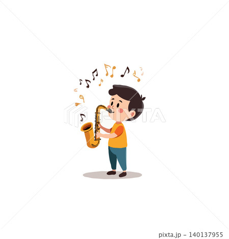 A delightful cartoon depicts a young boy engrossed in playing the saxophone, accompanied by floating musical notes, capturing the joy and innocence of childhood musical exploration, fostering A delightful cartoon depicts a young boy engrossed in playing the saxophone, accompanied by floating musical notes, capturing the joy and innocence of childhood musical exploration, fostering 140137955