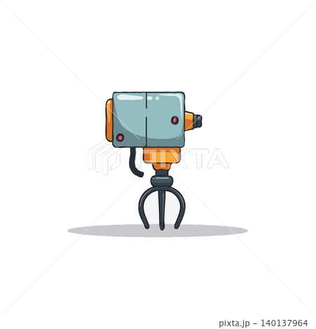 A stylized cartoon illustration features a robotic device with a monitor and tripod legs. The design emphasizes whimsical tech innovation. The machine's digital interface suggests progress in A stylized cartoon illustration features a robotic device with a monitor and tripod legs. The design emphasizes whimsical tech innovation. The machine's digital interface suggests progress in 140137964