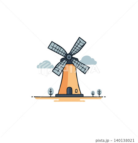 A delightful illustration portrays a quaint windmill standing gracefully in a peaceful countryside setting. Soft clouds drift across the serene sky, while minimal trees add to the charm and A delightful illustration portrays a quaint windmill standing gracefully in a peaceful countryside setting. Soft clouds drift across the serene sky, while minimal trees add to the charm and 140138021