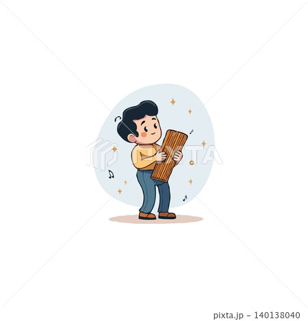 An endearing cartoon depicts a young boy holding panpipes, radiating youthful joy and passion for music. The illustration emphasizes the simple joys of childhood exploration, with soft background 140138040