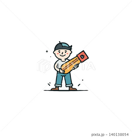 A charming cartoon illustration shows a cheerful boy wearing a baseball cap, proudly holding an elongated object. The simplistic design, clean lines, and joyful expression evoke a sense of innocent A charming cartoon illustration shows a cheerful boy wearing a baseball cap, proudly holding an elongated object. The simplistic design, clean lines, and joyful expression evoke a sense of innocent 140138054