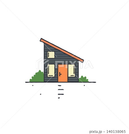 A quaint, stylized depiction of a modern cabin residence features an asymmetrical roofline. The dwelling is situated amid minimalist vegetation against a plain backdrop, evoking a sense of A quaint, stylized depiction of a modern cabin residence features an asymmetrical roofline. The dwelling is situated amid minimalist vegetation against a plain backdrop, evoking a sense of 140138065