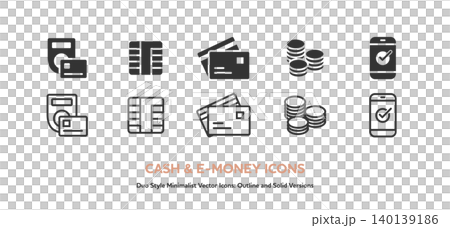 A set of vector icons for money, including card payments, smartphones, IC chips, and coins (line art and colored versions). A set of vector icons for money, including card payments, smartphones, IC chips, and coins (line art and colored versions). 140139186