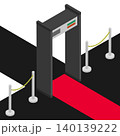 Isometric metal detector frame scanner at the entrance to a respectable event with a red carpet. Isolated cartoon vector on white background top view 140139222