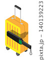 Isometric security guard portable handheld scanner scans the contents of a travel suitcase. Isolated cartoon vector on white background top view 140139223