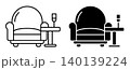 Linear icon. Soft, comfortable chair with a table and a glass of champagne in the airport Lounge area. Simple black and white vector isolated on white background 140139224