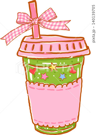 Whimsy Iced Matcha Latte with Pink Gingham Ribbon Bow Doodle Hand Drawn Whimsy Iced Matcha Latte with Pink Gingham Ribbon Bow Doodle Hand Drawn 140139705