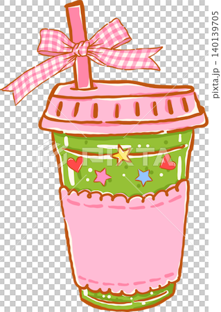 Whimsy Iced Matcha Latte with Pink Gingham Ribbon Bow Doodle Hand Drawn Whimsy Iced Matcha Latte with Pink Gingham Ribbon Bow Doodle Hand Drawn 140139705