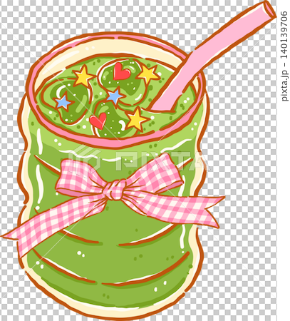 Whimsy Iced Matcha Latte Drink with Pink Gingham Ribbon Bow Doodle Hand Drawn 140139706