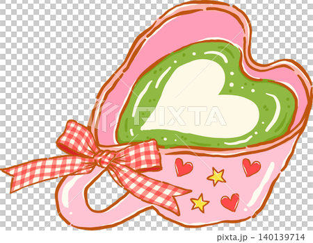 Whimsy Matcha Latte with Art in Pink Heart Cup and Red Gingham Bow Doodle Hand Drawn Whimsy Matcha Latte with Art in Pink Heart Cup and Red Gingham Bow Doodle Hand Drawn 140139714