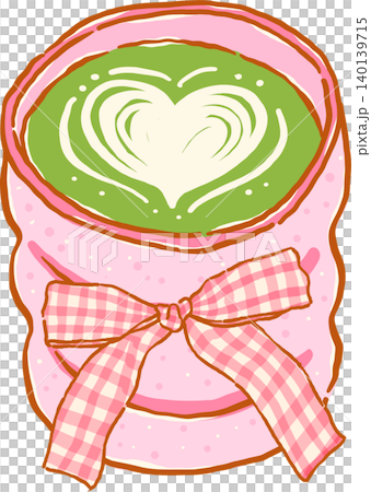 Whimsy Matcha Latte with Art in Pink Cup and Red Gingham Bow Doodle Hand Drawn Whimsy Matcha Latte with Art in Pink Cup and Red Gingham Bow Doodle Hand Drawn 140139715