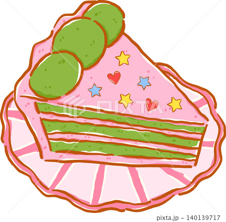 Whimsy Matcha Strawberry Cake Slice Doodle Hand Drawn 140139717