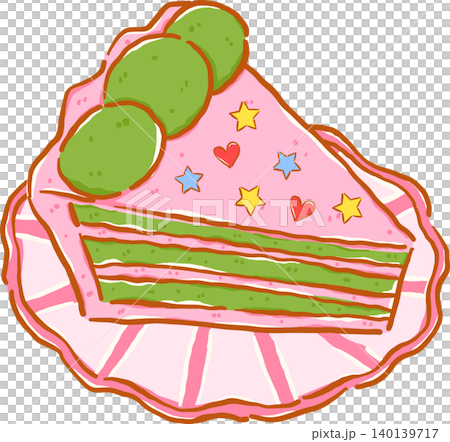 Whimsy Matcha Strawberry Cake Slice Doodle Hand Drawn 140139717