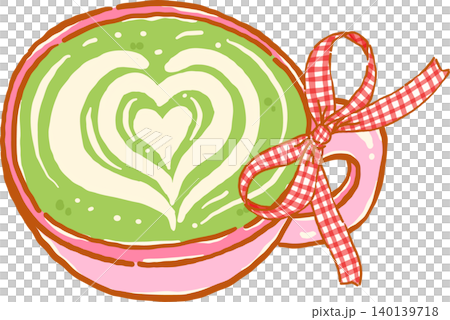 Whimsy Matcha Latte with Heart Art in Pink Cup and Red Gingham Ribbon Bow Doodle Hand Drawn Whimsy Matcha Latte with Heart Art in Pink Cup and Red Gingham Ribbon Bow Doodle Hand Drawn 140139718