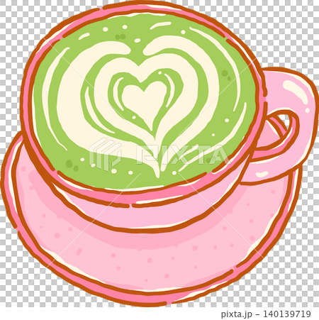 Whimsy Matcha Latte with Heart Art in Pink Cup Doodle Hand Drawn Whimsy Matcha Latte with Heart Art in Pink Cup Doodle Hand Drawn 140139719