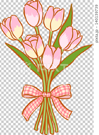 Bouquet of Pink Tulip Flower with Ribbon Bow Whimsical Doodle Hand Drawn Bouquet of Pink Tulip Flower with Ribbon Bow Whimsical Doodle Hand Drawn 140139739