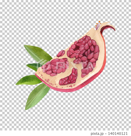 Slice of red pomegranate with green foliage. Hand drawn watercolor illustration of ripe fruit, isolated. Suitable for stickers, summer decor, cards, packaging, and branding. 140140121