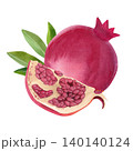 Red whole pomegranate and a slice with green leaves. Hand-drawn watercolor illustration of exotic plants and fruits, isolated. Suitable for stickers, summer decor, cards, packaging, and branding. 140140124