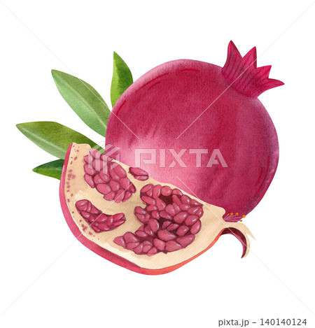 Red whole pomegranate and a slice with green leaves. Hand-drawn watercolor illustration of exotic plants and fruits, isolated. Suitable for stickers, summer decor, cards, packaging, and branding. Red whole pomegranate and a slice with green leaves. Hand-drawn watercolor illustration of exotic plants and fruits, isolated. Suitable for stickers, summer decor, cards, packaging, and branding. 140140124