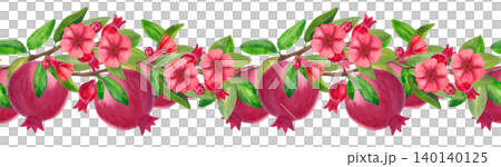 Seamless border with pomegranate branches, red fruits and flowers. Hand-drawn watercolor illustration of exotic plants and fruits for summer decor, cards, and packaging. Seamless border with pomegranate branches, red fruits and flowers. Hand-drawn watercolor illustration of exotic plants and fruits for summer decor, cards, and packaging. 140140125