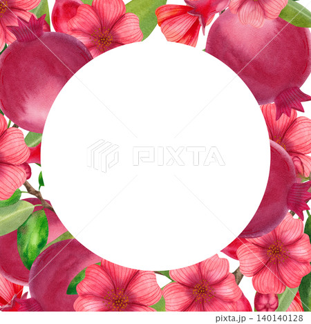 Frame with red garnet, flowers with green foliage. Hand-drawn watercolor illustration of exotic plants and fruits for summer decor, cards, packaging Frame with red garnet, flowers with green foliage. Hand-drawn watercolor illustration of exotic plants and fruits for summer decor, cards, packaging 140140128