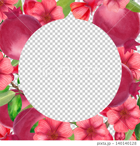 Frame with red garnet, flowers with green foliage. Hand-drawn watercolor illustration of exotic plants and fruits for summer decor, cards, packaging Frame with red garnet, flowers with green foliage. Hand-drawn watercolor illustration of exotic plants and fruits for summer decor, cards, packaging 140140128