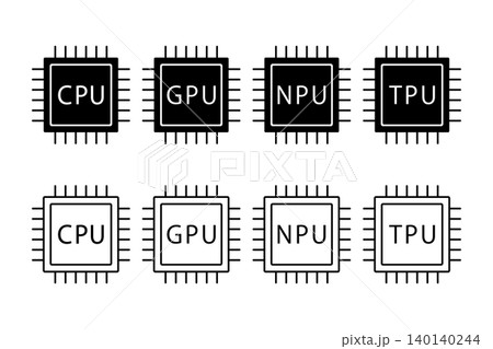 「CPU」「GPU」「NPU」「TPU」の文字が書かれた半導体やプロセッサーのアイコンセット 140140244