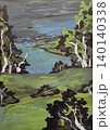 Serene landscape painting of a river surrounded by lush trees. Abstract Green Landscape with sky and field gouache painting.  140140338