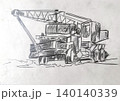 Hand drawn monochrome pencil sketch. Black and white illustration of a large truck with a dump bed and three axles. 140140339
