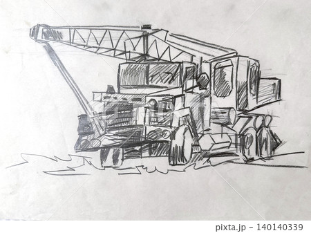Hand drawn monochrome pencil sketch. Black and white illustration of a large truck with a dump bed and three axles. 140140339