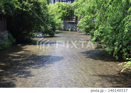 新緑の樹々と建物と川のある街並みの風景 新緑の樹々と建物と川のある街並みの風景 140140557