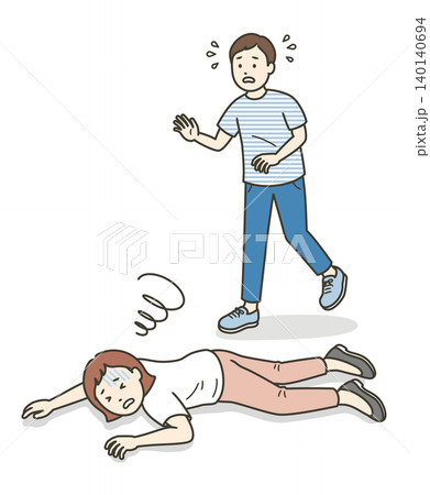 倒れてうつ伏せで横たわる若い女性と慌てて駆け寄る男性のイラスト 倒れてうつ伏せで横たわる若い女性と慌てて駆け寄る男性のイラスト 140140694