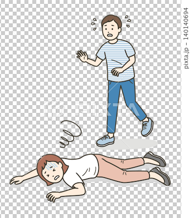 倒れてうつ伏せで横たわる若い女性と慌てて駆け寄る男性のイラスト 倒れてうつ伏せで横たわる若い女性と慌てて駆け寄る男性のイラスト 140140694