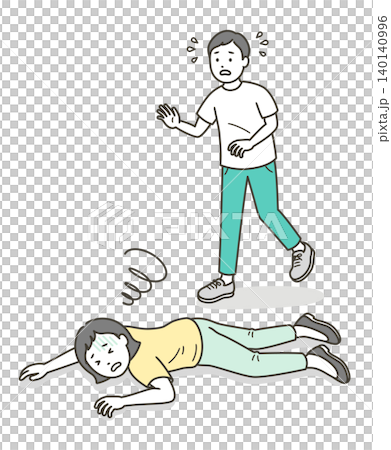 倒れてうつ伏せで横たわる若い女性と慌てて駆け寄る男性のイラスト 140140996
