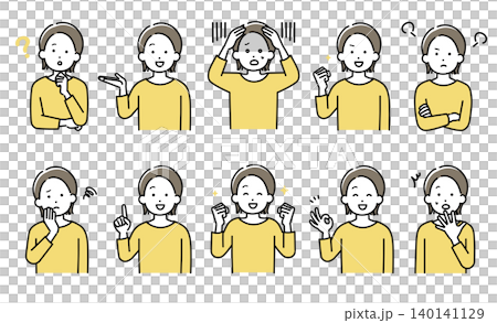 様々な表情やポーズをとる若い女性のイラスト 様々な表情やポーズをとる若い女性のイラスト 140141129