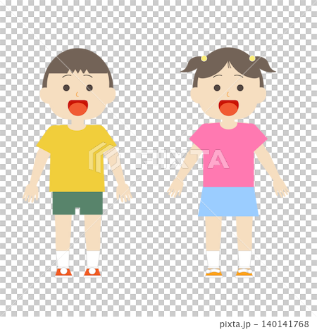 身著夏裝的小男孩和小女孩的全身插圖 身著夏裝的小男孩和小女孩的全身插圖 140141768