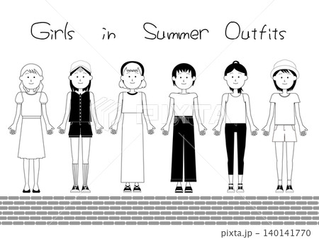 夏の服を着ているたくさんの女の子の全身イラスト_白黒 夏の服を着ているたくさんの女の子の全身イラスト_白黒 140141770