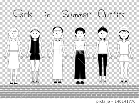 夏の服を着ているたくさんの女の子の全身イラスト_白黒 夏の服を着ているたくさんの女の子の全身イラスト_白黒 140141770