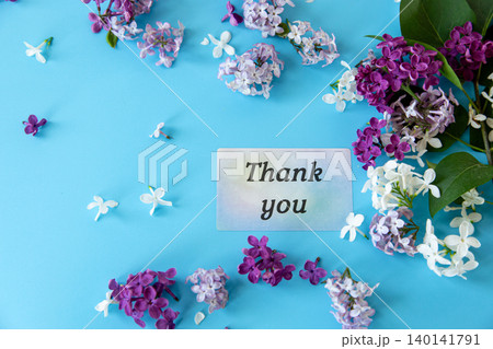 Elegant lilac flowers surrounding thank you card mockup Elegant lilac flowers surrounding thank you card mockup 140141791