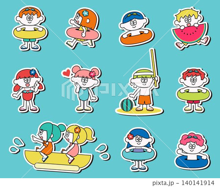 水着で遊ぶこどもたちのイラストセット(フチあり) 水着で遊ぶこどもたちのイラストセット(フチあり) 140141914