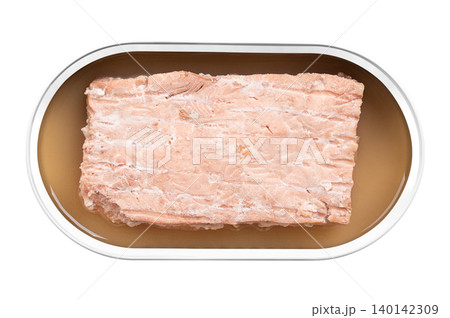 Salmon fillet in own juice, in an open tin can. Fillet of Pink salmon, Oncorhynchus gorbuscha, a wild-caught Pacific salmon with pale pink color, delicate texture, and low fat content. Isolated. Photo 140142309