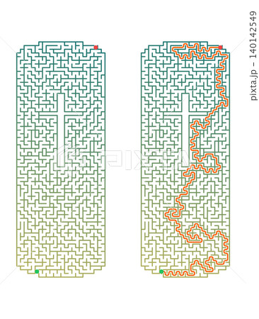 Rectangular maze puzzle with central cross shape and solution. Easter labyrinth printable game sheet for kids. Christian religious educational activity 140142549